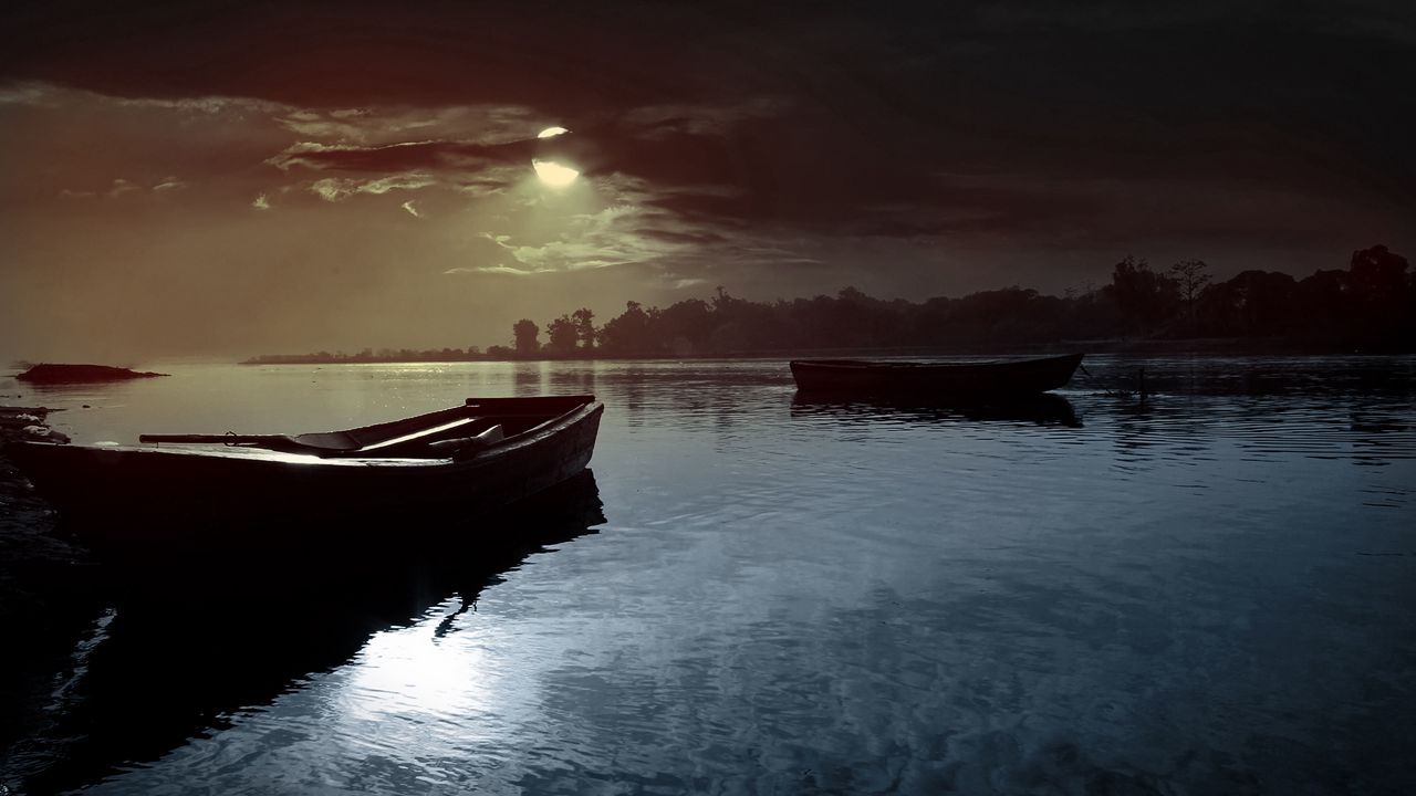 Wallpaper boat, moon, night, clouds, light, lake