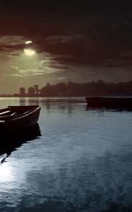 Preview wallpaper boat, moon, night, clouds, light, lake