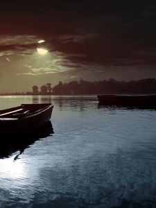 Preview wallpaper boat, moon, night, clouds, light, lake