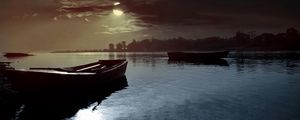 Preview wallpaper boat, moon, night, clouds, light, lake