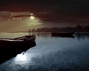 Preview wallpaper boat, moon, night, clouds, light, lake