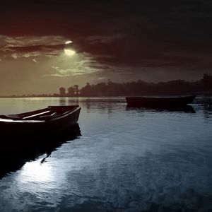 Preview wallpaper boat, moon, night, clouds, light, lake