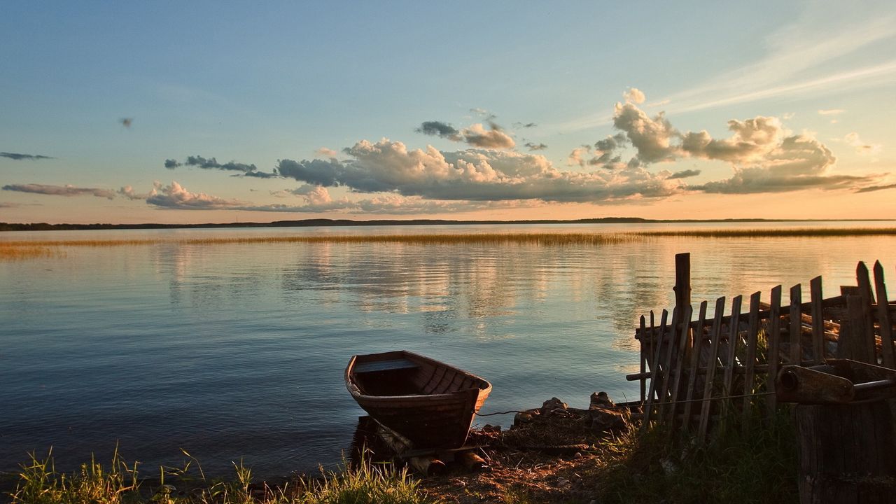 Wallpaper boat, mooring, fence, lake, evening