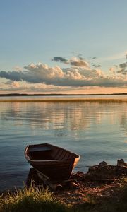 Preview wallpaper boat, mooring, fence, lake, evening