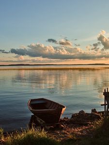 Preview wallpaper boat, mooring, fence, lake, evening