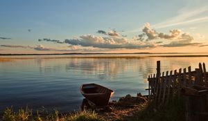 Preview wallpaper boat, mooring, fence, lake, evening