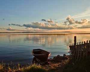 Preview wallpaper boat, mooring, fence, lake, evening