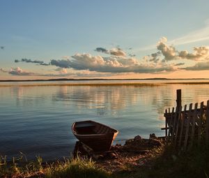 Preview wallpaper boat, mooring, fence, lake, evening