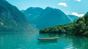 Preview wallpaper boat, mountains, lake, water, horizon