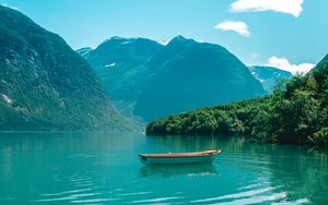 Preview wallpaper boat, mountains, lake, water, horizon