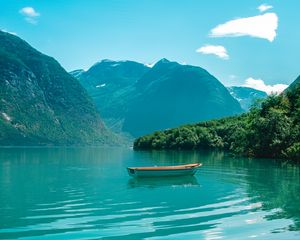 Preview wallpaper boat, mountains, lake, water, horizon
