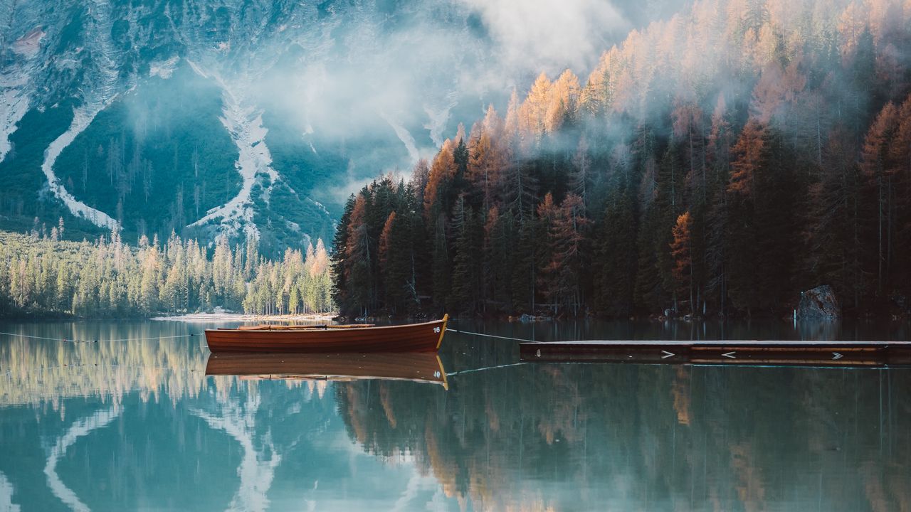 Wallpaper boat, mountains, lake, trees, autumn