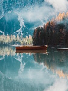 Preview wallpaper boat, mountains, lake, trees, autumn