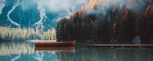 Preview wallpaper boat, mountains, lake, trees, autumn
