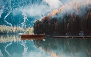 Preview wallpaper boat, mountains, lake, trees, autumn