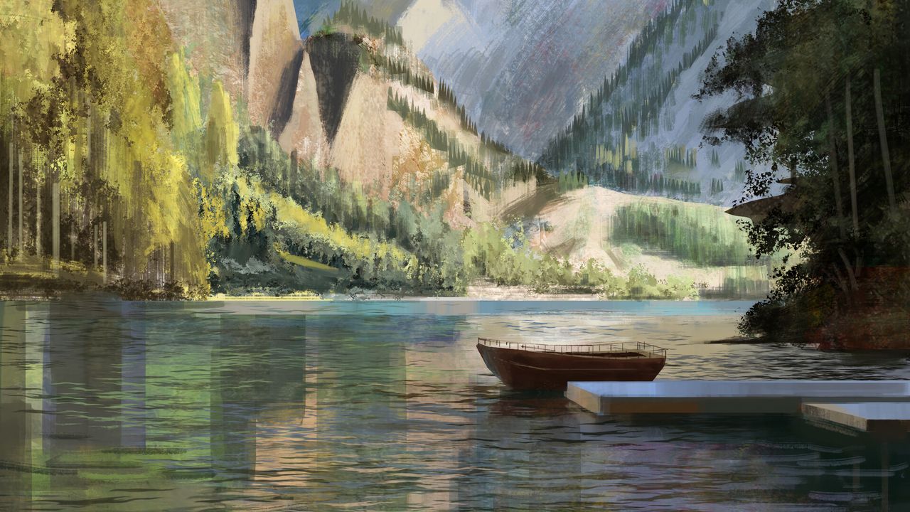 Wallpaper boat, mountains, rocks, trees, pier, art