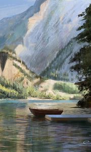 Preview wallpaper boat, mountains, rocks, trees, pier, art