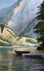 Preview wallpaper boat, mountains, rocks, trees, pier, art