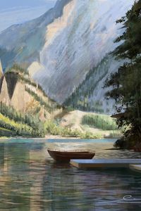 Preview wallpaper boat, mountains, rocks, trees, pier, art