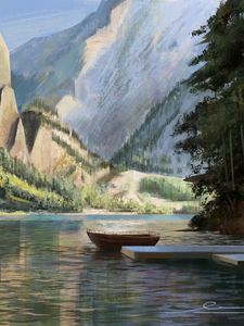 Preview wallpaper boat, mountains, rocks, trees, pier, art