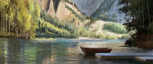 Preview wallpaper boat, mountains, rocks, trees, pier, art