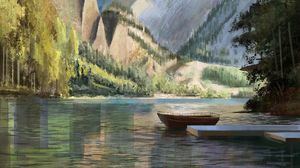 Preview wallpaper boat, mountains, rocks, trees, pier, art