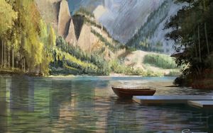 Preview wallpaper boat, mountains, rocks, trees, pier, art