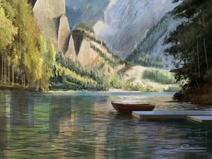 Preview wallpaper boat, mountains, rocks, trees, pier, art