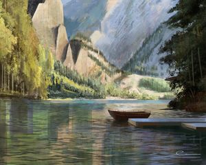 Preview wallpaper boat, mountains, rocks, trees, pier, art