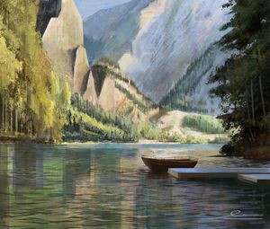 Preview wallpaper boat, mountains, rocks, trees, pier, art