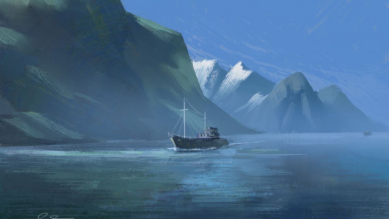 Wallpaper boat, mountains, rocks, canvas, paint, art