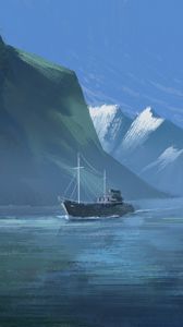 Preview wallpaper boat, mountains, rocks, canvas, paint, art