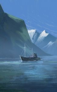 Preview wallpaper boat, mountains, rocks, canvas, paint, art