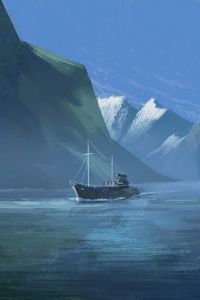 Preview wallpaper boat, mountains, rocks, canvas, paint, art