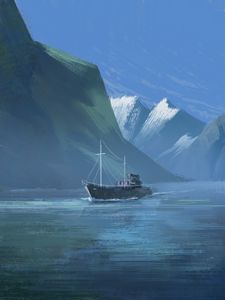 Preview wallpaper boat, mountains, rocks, canvas, paint, art
