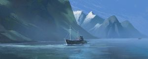 Preview wallpaper boat, mountains, rocks, canvas, paint, art