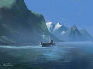 Preview wallpaper boat, mountains, rocks, canvas, paint, art