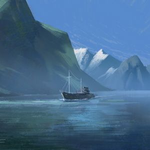 Preview wallpaper boat, mountains, rocks, canvas, paint, art