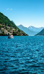 Preview wallpaper boat, mountains, sea, nature