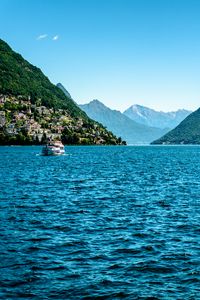 Preview wallpaper boat, mountains, sea, nature