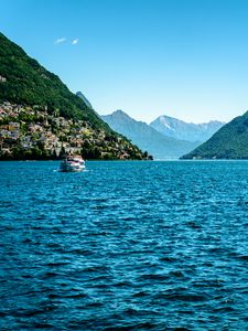 Preview wallpaper boat, mountains, sea, nature