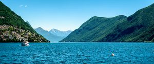 Preview wallpaper boat, mountains, sea, nature