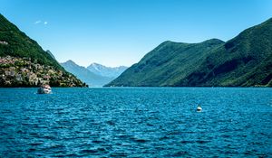Preview wallpaper boat, mountains, sea, nature