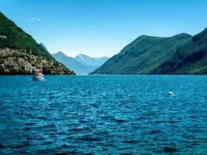 Preview wallpaper boat, mountains, sea, nature