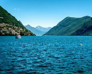 Preview wallpaper boat, mountains, sea, nature