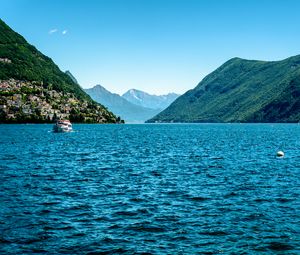 Preview wallpaper boat, mountains, sea, nature