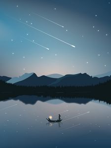 Preview wallpaper boat, mountains, starfall, art