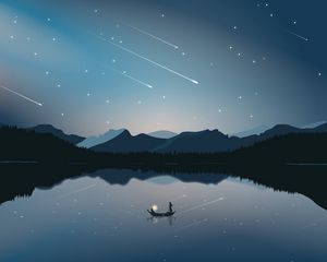 Preview wallpaper boat, mountains, starfall, art