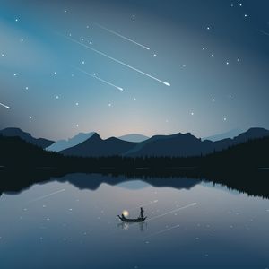 Preview wallpaper boat, mountains, starfall, art