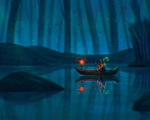 Preview wallpaper boat, night, art, lake, trees